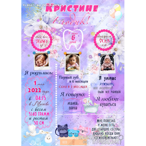 Плакат детская метрика №44 — трогательная история первого года Кристины: сохраните каждый важный миг