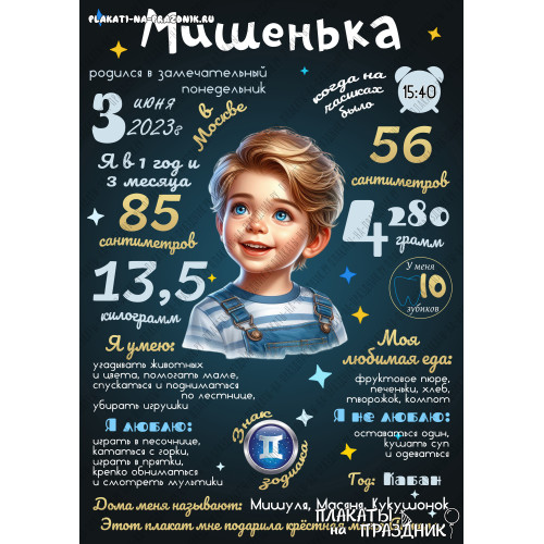 Плакат детская метрика №41 для мальчика